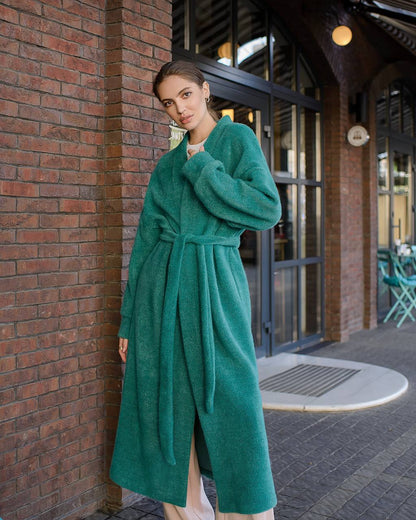 Womens Silva Fluffy Cardigan Long Sleeve Belted Coat Emerald Green