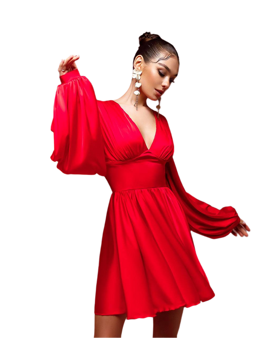 Elegant Red Thick Silk Dress with Long Balloon Sleeves