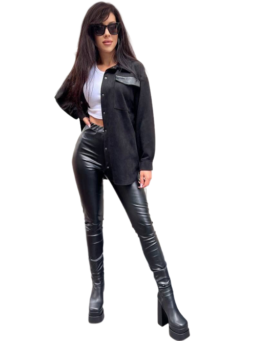 High-Rise Eco-Leather Leggings for Women in Black with Elastic Waistband