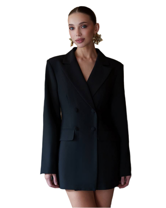 Womens Black Blazer Dress Double Breasted Viscose Lined Suiting Fabric