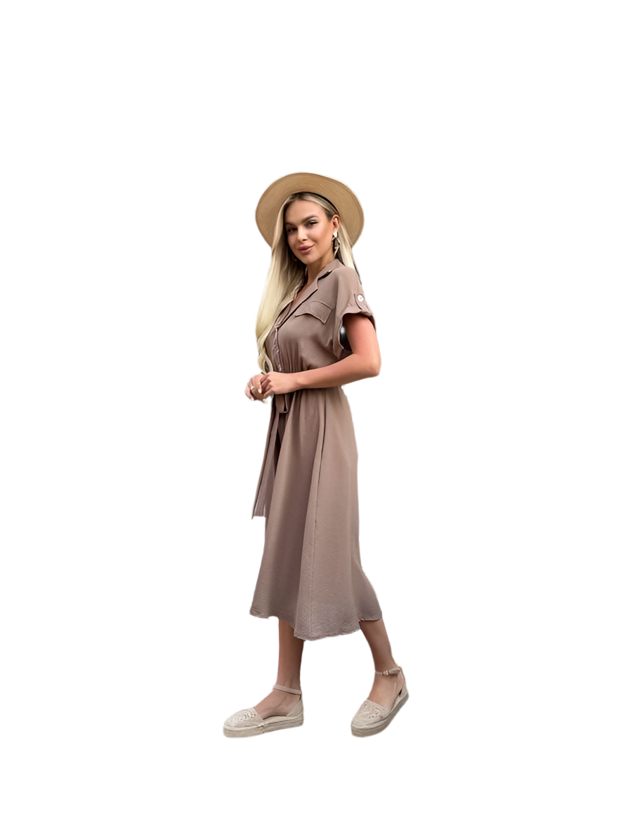 Woman wearing a beige dress and hat on a white background