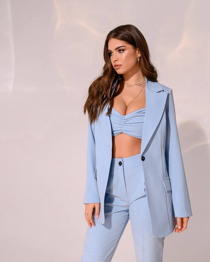 3 Pieces Women Prom Bridal Wedding Cocktail Suit Set Pantsuit Trousers Jacket Pants Top Bra Light Blue