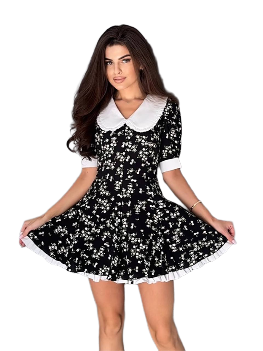 Monika Double Skirt Dress Women Black Floral Pattern with White Collar and Cuffs