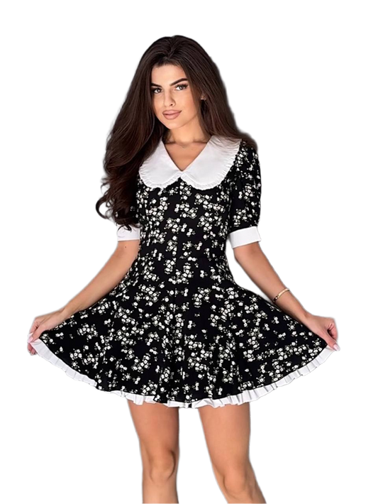 Monika Double Skirt Dress Women Black Floral Pattern with White Collar and Cuffs