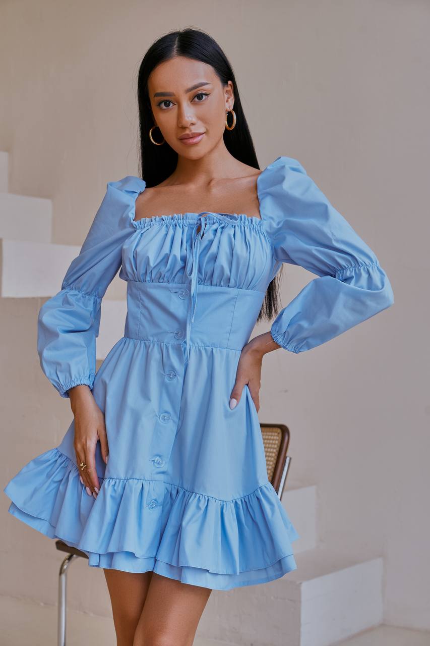 Blue Cotton Casual Dress with Puffy Sleeves and Ruffle Hem
