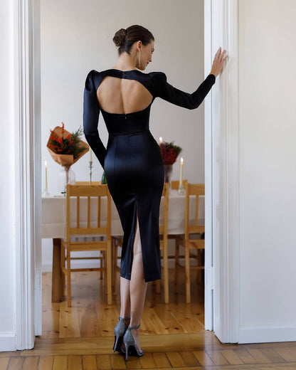 Elegant Backless Black Satin Dress with Long Sleeves and Slit
