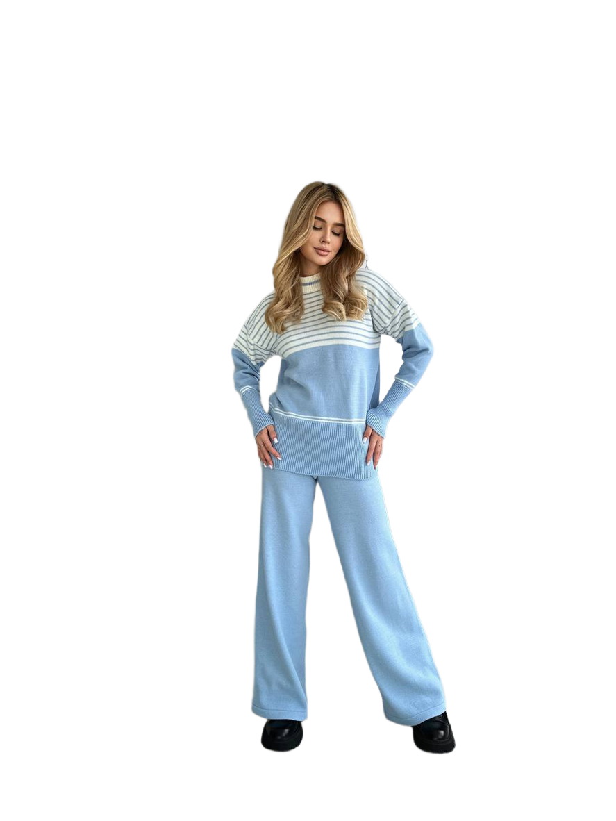 Womens Fine Knit Striped Sweater and Wide Leg Pants Suit Blue