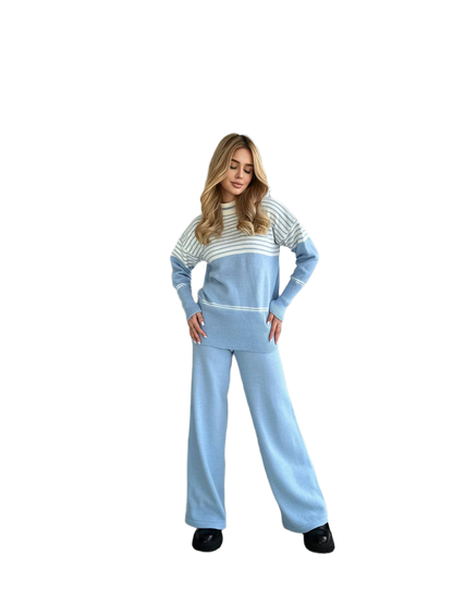Womens Fine Knit Striped Sweater and Wide Leg Pants Suit Blue