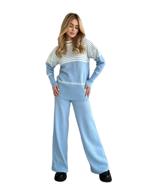 Womens Fine Knit Striped Sweater and Wide Leg Pants Suit Blue