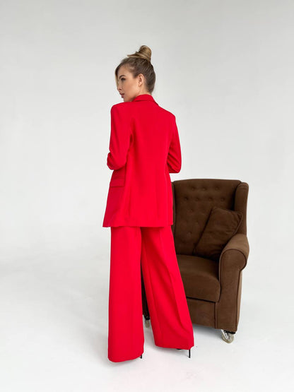 Red Diagonal Crepe Palazzo Suit Women Tailored Blazer Wide Leg Pants
