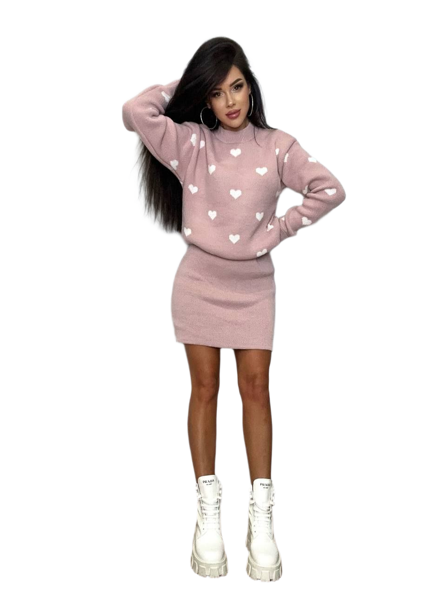 Women Fine Knitted Two-Piece Suit with Heart Pattern Powder Color