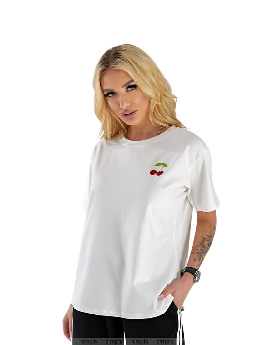 White T-Shirt with Cherry Embroidery Casual Cotton Lycra Tee
