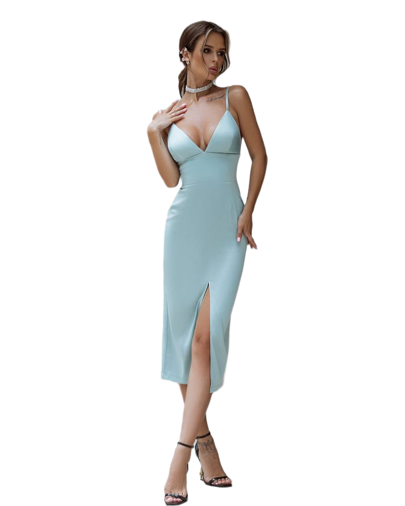 Kate Dress Mango Satin Spaghetti Straps Midi Dress with Front Slit