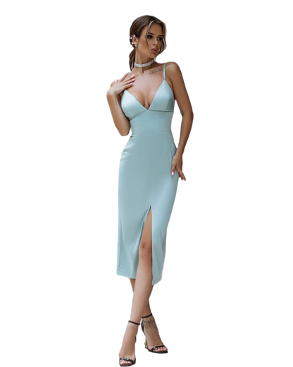 Kate Dress Mango Satin Spaghetti Straps Midi Dress with Front Slit