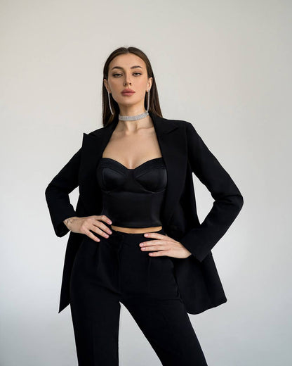 Women's Elegant Black Suit With Crepe Diagonal Fabric