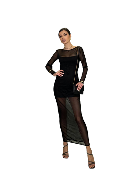 Black Long Sleeve Sheer Maxi Dress with Mini Dress Lining
