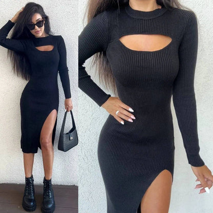 Black ribbed dress with cut-out design and side slit worn by a model against a white background.