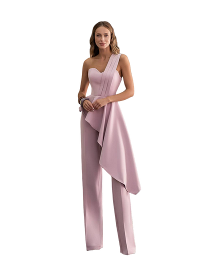 Powder Peplum Suit One Shoulder Peplum Top and Wide Leg Pants Premium Crepe