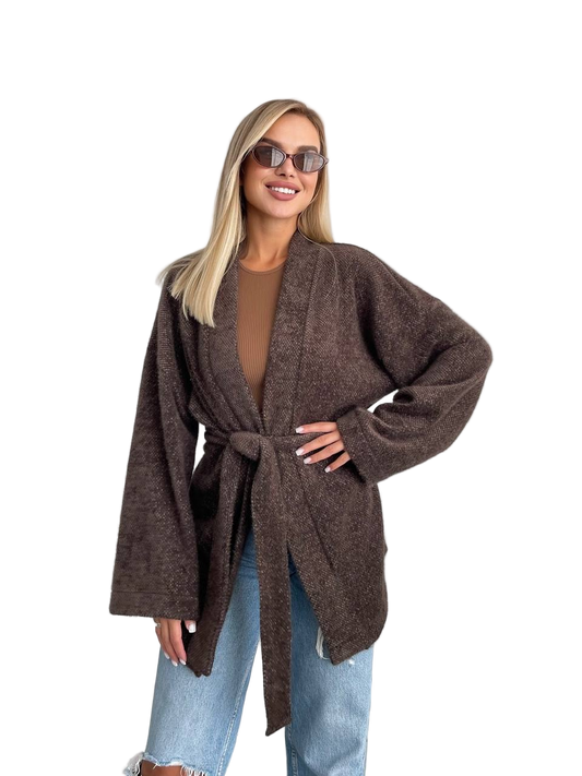 Womens Brown Fluffy Angora Belted Oversized Knit Cardigan