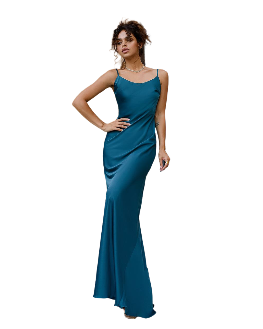 Long Satin Dress Slip for Women in Blue Premium Pandora Fabric