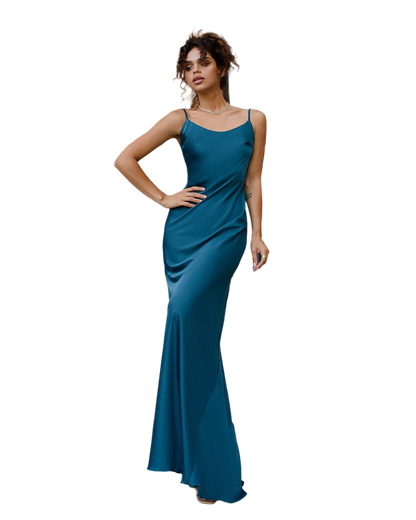 Long Satin Dress Slip for Women in Blue Premium Pandora Fabric