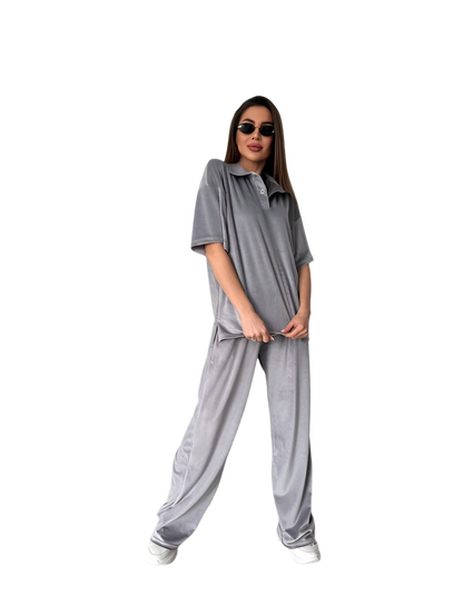 Stylish Gray Velour Two-Piece Casual Suit