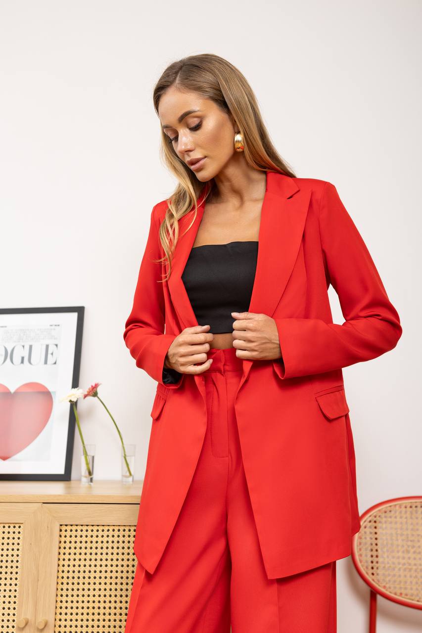 Red Diagonal Crepe Palazzo Suit Women Tailored Blazer Wide Leg Pants