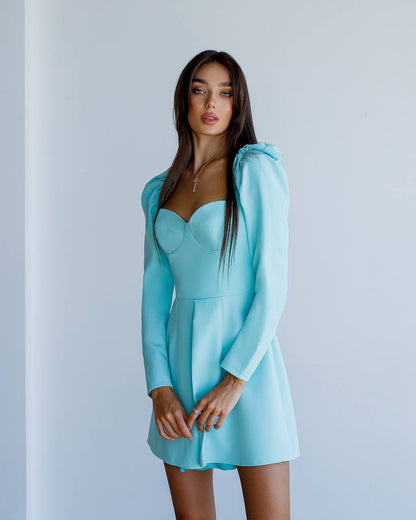 Elegant Mini Dress with Puff Sleeves in Tiffany Blue