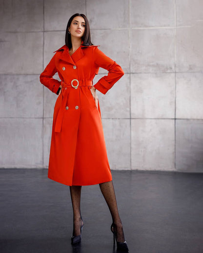 Stylish Red Trench Coat with Pockets and Belt for Women's Fashion