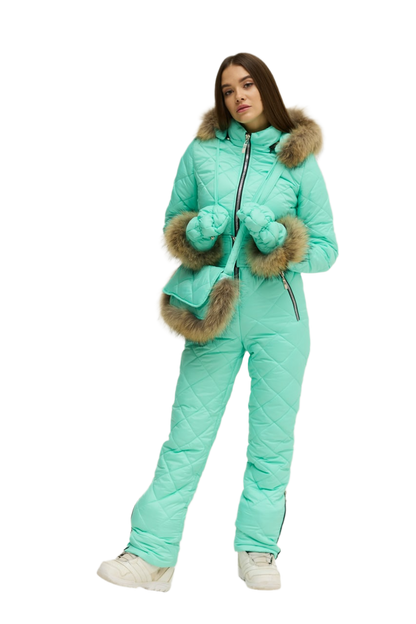 Winter Womens Quilted Ski Jumpsuit with Natural Raccoon Fur Accents