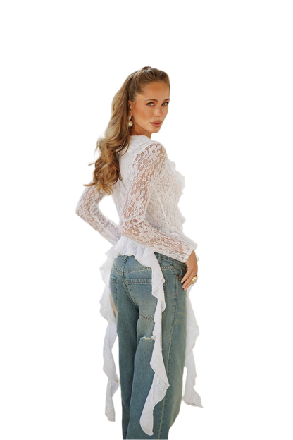 Woman wearing a white lace top and jeans on a white background