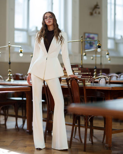Elegant Premium Diagonal Crepe Women's Suit in White with Peplum Jacket and Flared Pants