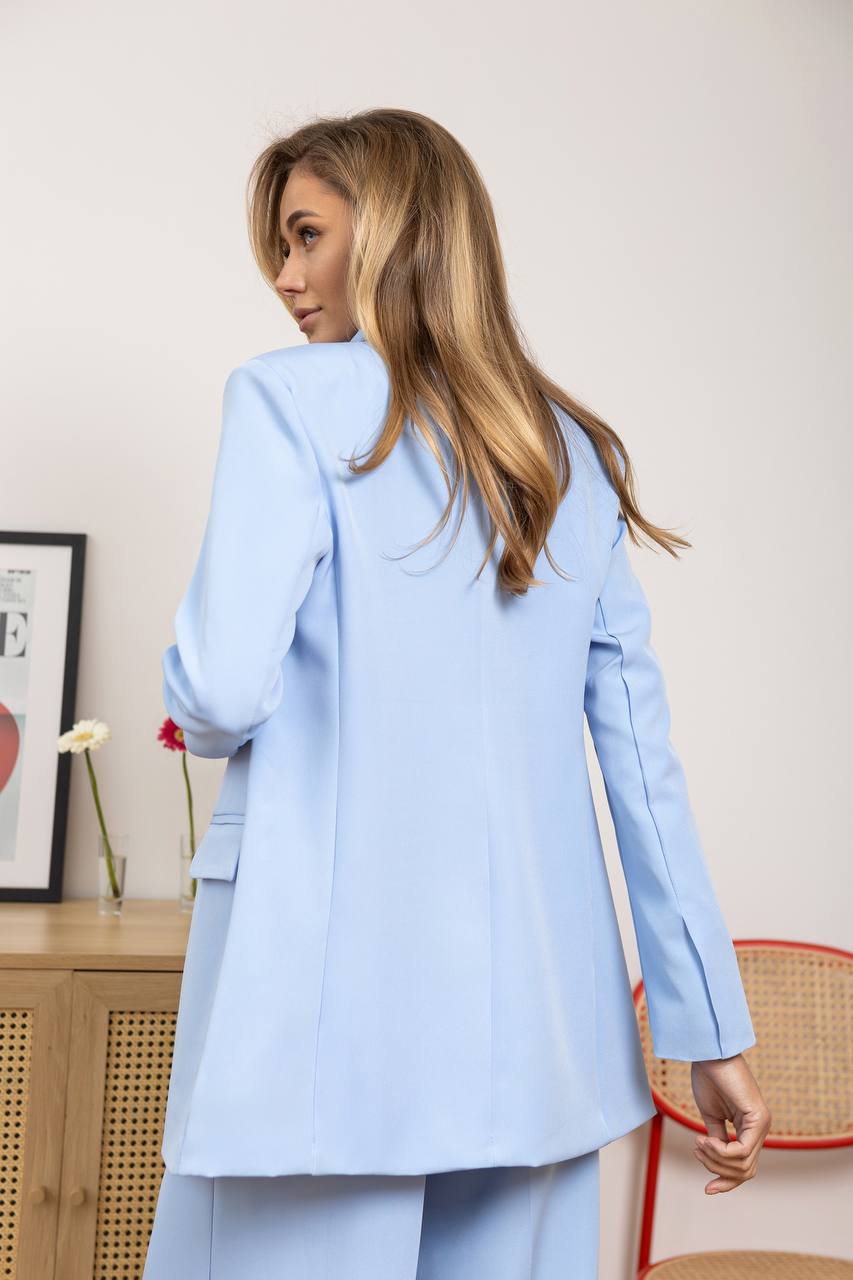 Women Three Piece Suit Sky Blue Diagonal Crepe Lined Vest Jacket Trousers