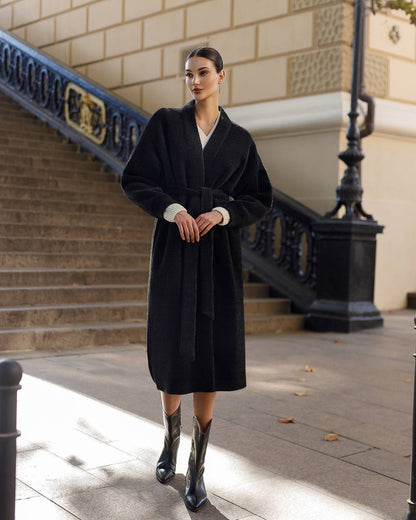 Silva Fluffy Black Long Cardigan with Belt for Women