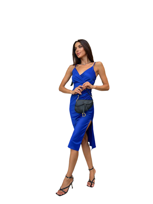 Sicilia Satin Midi Dress for Women with Side Slit and Adjustable Straps
