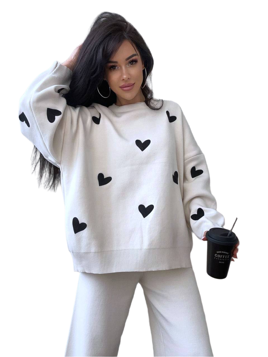 Valeri Women's Cream Knit Suit with Black Heart Embroidery