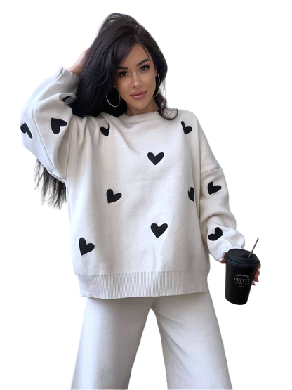 Valeri Women's Cream Knit Suit with Black Heart Embroidery
