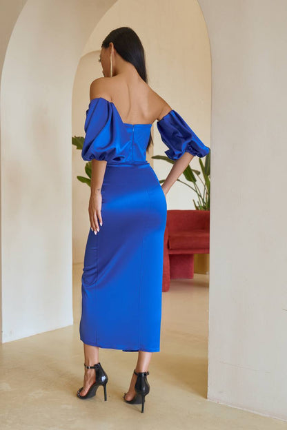 Royal Satin Midi Dress with Puff Sleeves in Electric Blue