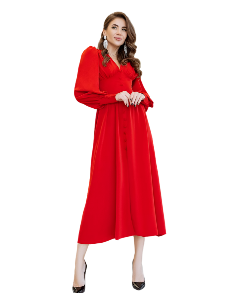 Elegant Red Crepe Silk Midi Dress with Puff Sleeves