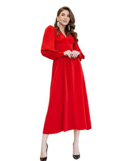 Elegant Red Crepe Silk Midi Dress with Puff Sleeves