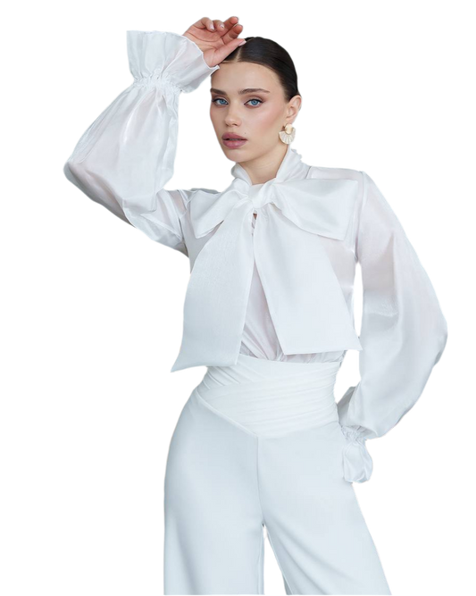 Premium Organza Womens Blouse with Large Bow Neck Tie