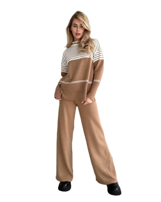 Womens Brown White Striped Knit Suit Casual Loose Fit