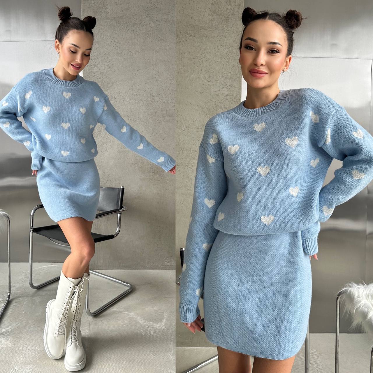 Woman wearing a blue sweater and skirt set with heart patterns in two different lighting conditions.