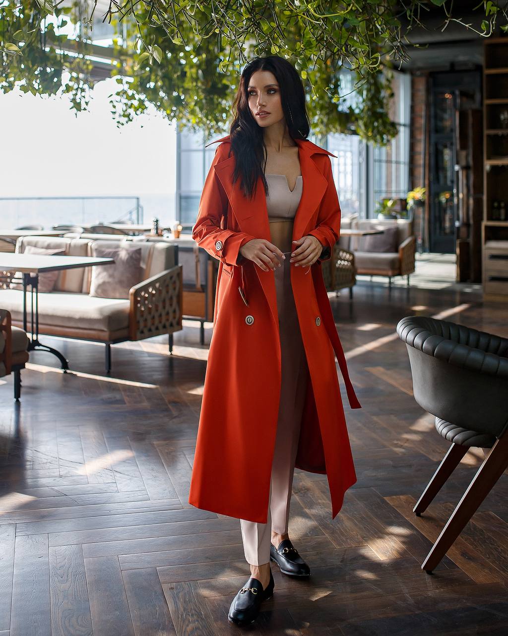 Stylish Red Trench Coat with Pockets and Belt for Women's Fashion