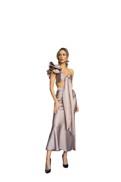 Womens Satin Skirt and One Shoulder Top Set