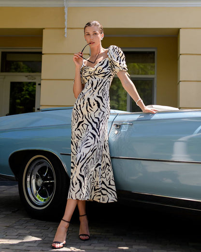 Elegant Dense Printed Silk Dress with Puff Sleeves