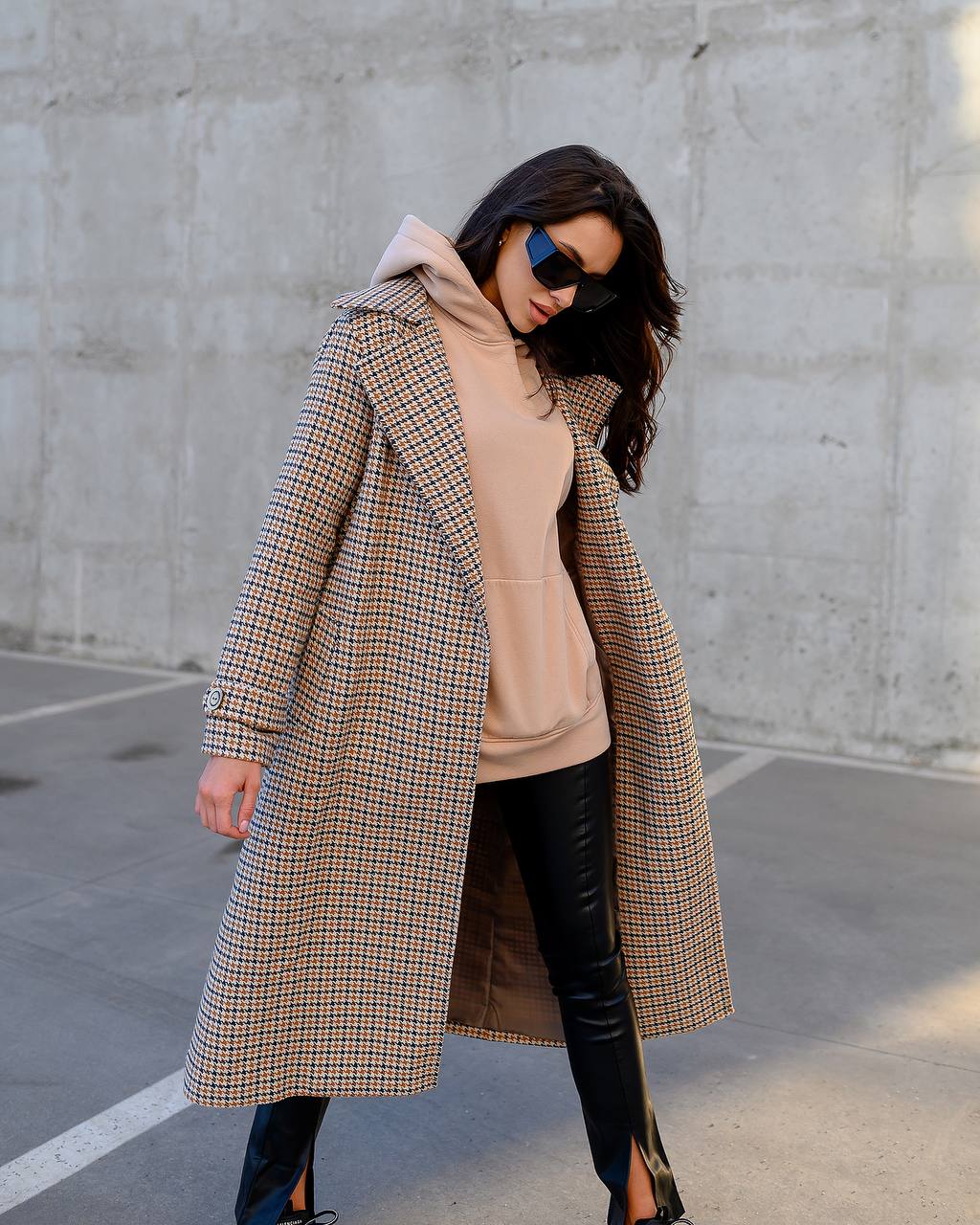 Womens Turkish Fabric Houndstooth Pattern Long Coat with Belt