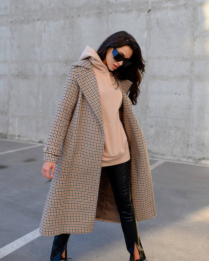 Womens Turkish Fabric Houndstooth Pattern Long Coat with Belt