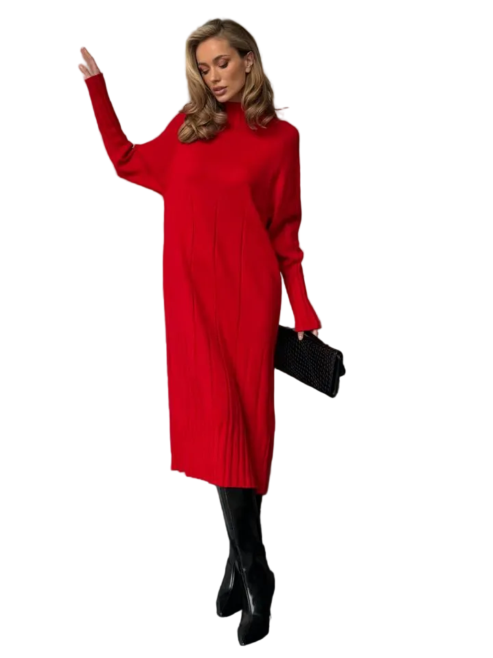 Red Turtleneck Midi Knit Dress Cashmere Blend