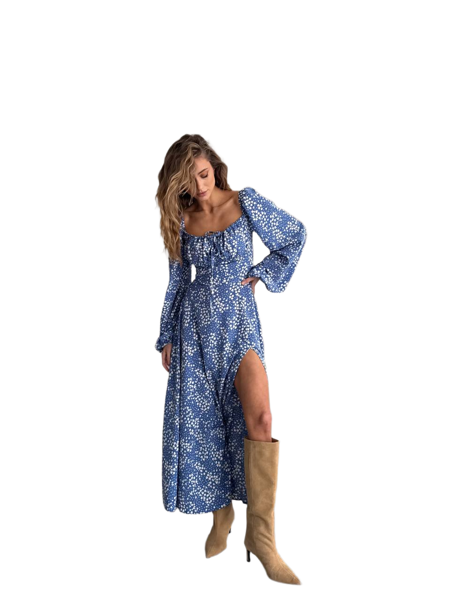 Blue Floral Long Sleeve Maxi Dress with High Slit